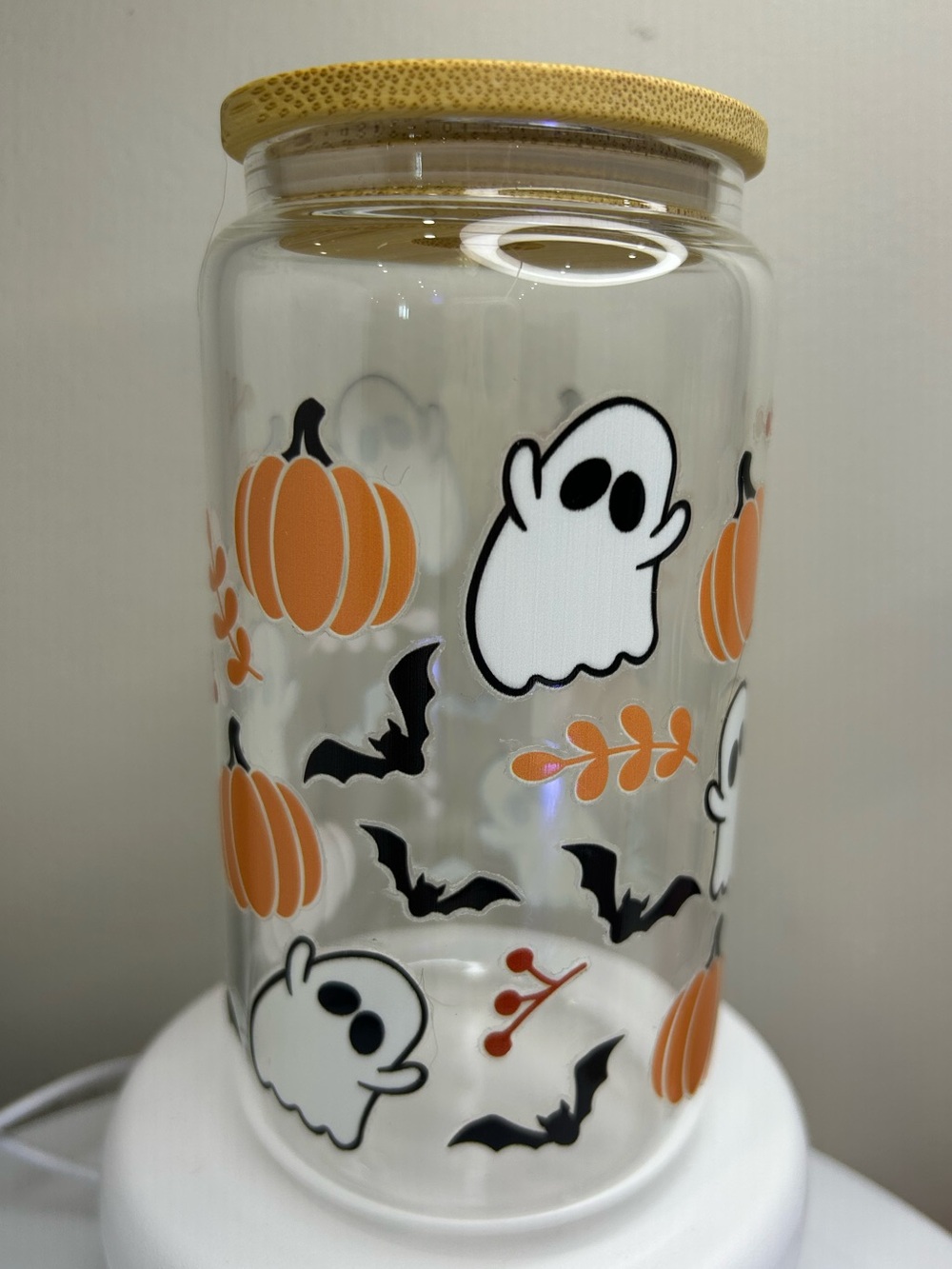 Halloween Ghost & Pumpkin Glass Tumbler with Bamboo Lid & Glass Straw